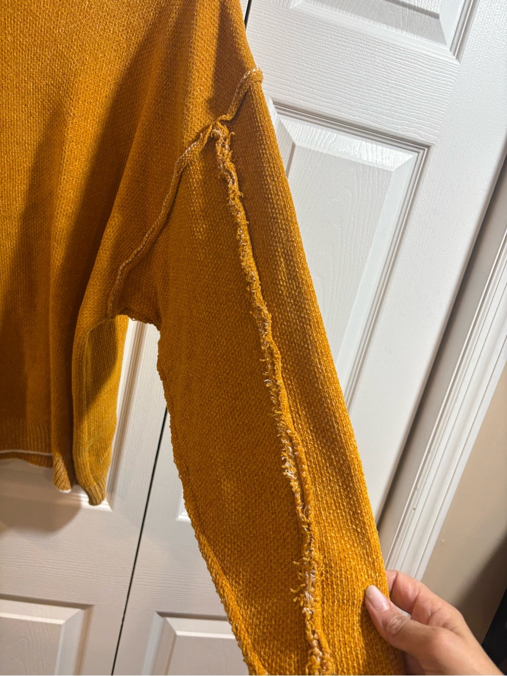 Zenana XL Mustard Yellow Oversized Exposed Seam Sweater Boho Slouchy Knit - Picture 3 of 6